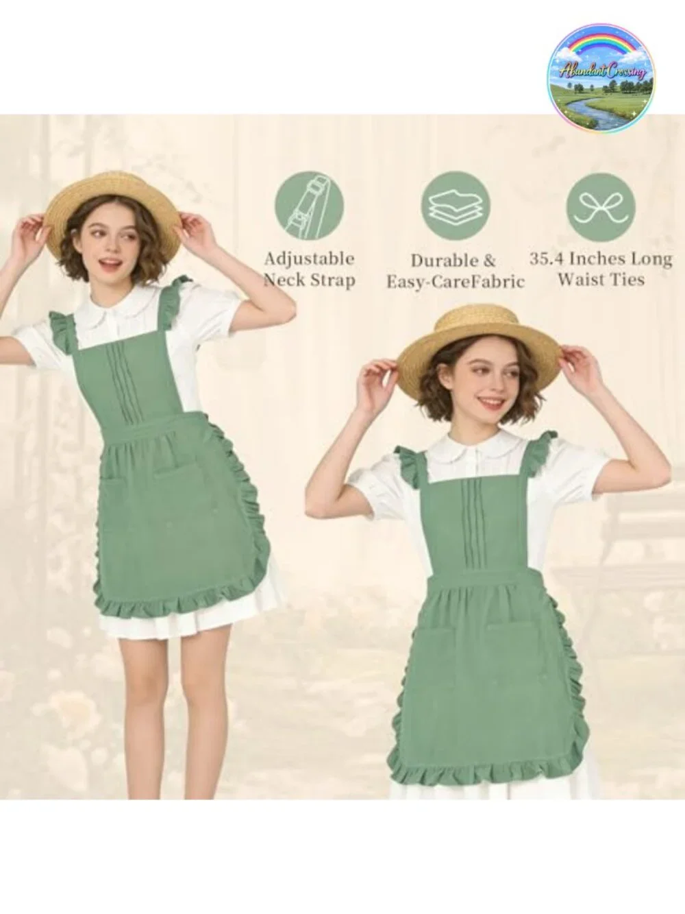 Vintage Ruffle Waist Apron with 2 Pockets, Cotton Tie Strap, Full Coverage